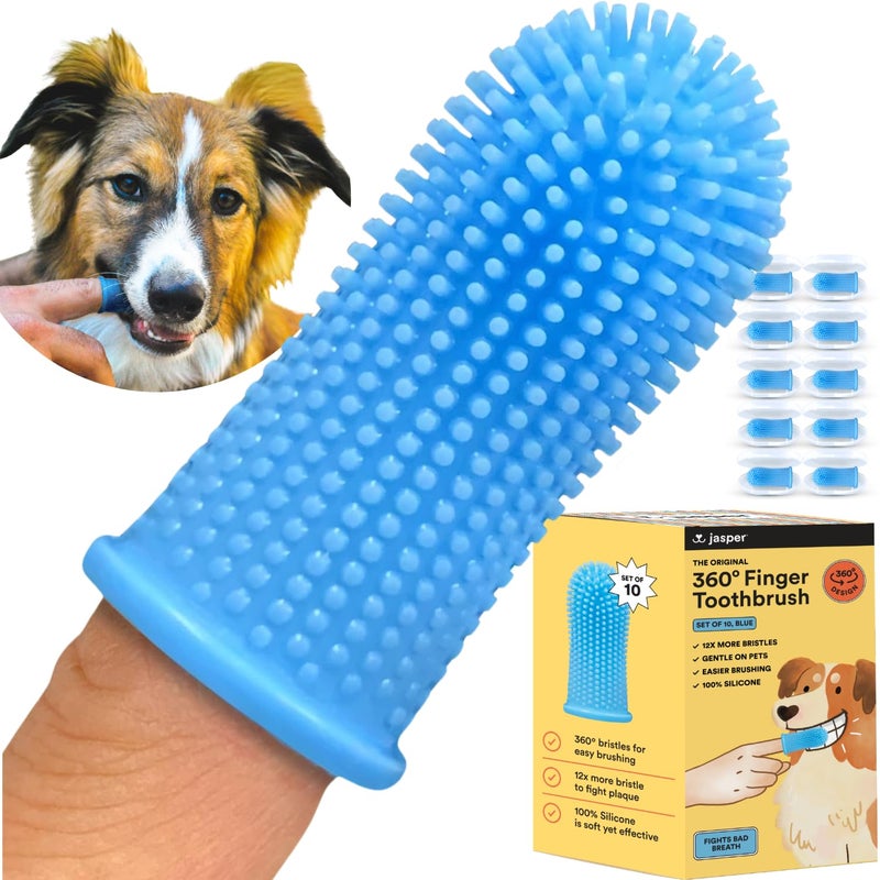 Jasper Dog Toothbrush 360 Degree Pet Tooth Brushing Kit Cat Toothbrush Canine Dental Care Teeth Cleaning Kit Pet Finger Tooth Brush Use with Dog Toothpaste 10Pack Blue
