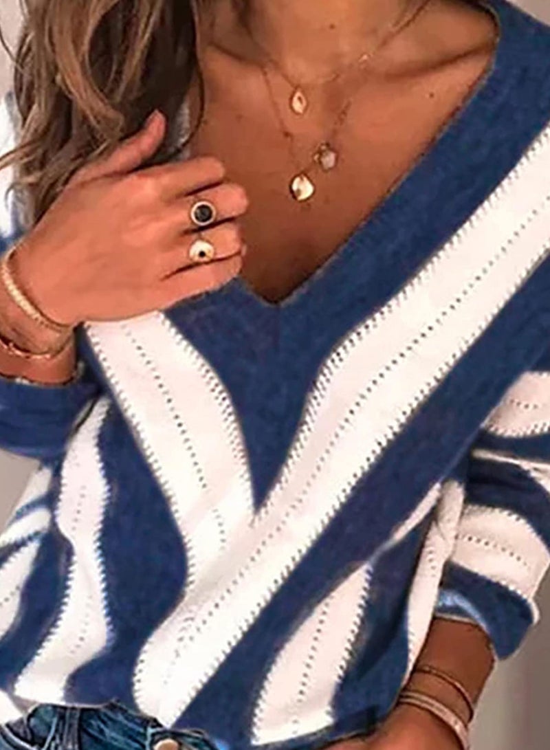 FEKOAFE Women Fall Long Sleeve Sweatshirts for Outdoor Gym,Cotton Fashion Crochet Top for Winter Warm with V Neck Design Blue and White Size M - Image 4