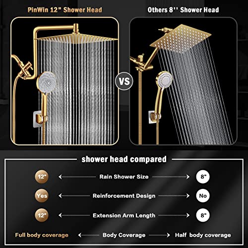 PinWin 12'' Dual Shower Head with Adjustable Extension Arm and 6-Setting Handheld Shower Head Combo, Brushed Gold - Image 3