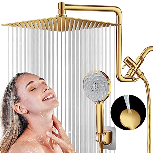 PinWin 12'' Dual Shower Head with Adjustable Extension Arm and 6-Setting Handheld Shower Head Combo, Brushed Gold - Image 1