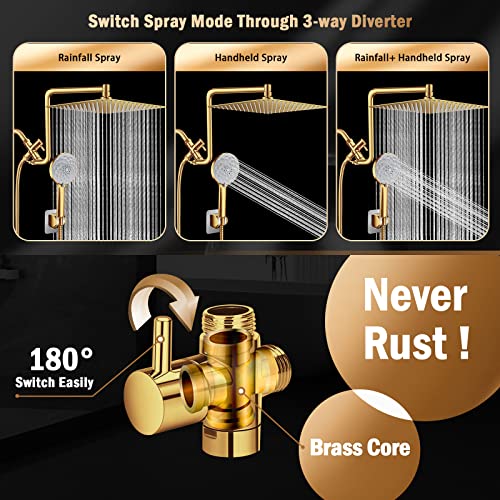 PinWin 12'' Dual Shower Head with Adjustable Extension Arm and 6-Setting Handheld Shower Head Combo, Brushed Gold - Image 5