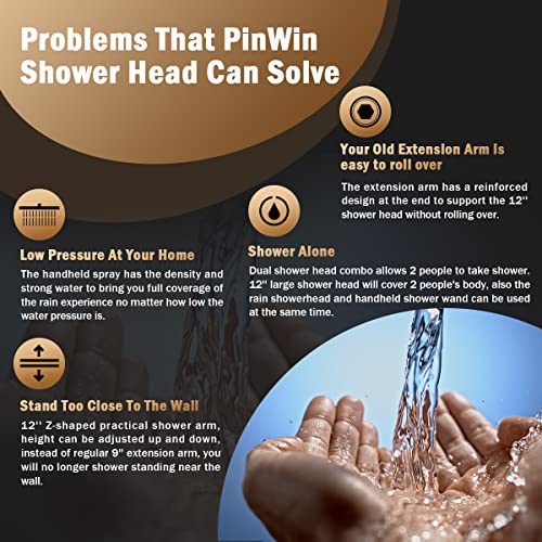 PinWin 12'' Dual Shower Head with Adjustable Extension Arm and 6-Setting Handheld Shower Head Combo, Brushed Gold - Image 4