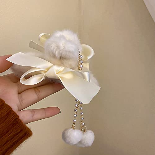 Jumwrit Furry Hair Accessories: Big Bow Banana Jaw Clips with Pearl Tassels, Strong Hold Hair Clips for Women and Girls (White) - Image 3