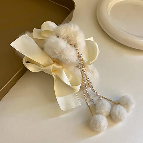 Jumwrit Furry Hair Accessories: Big Bow Banana Jaw Clips with Pearl Tassels, Strong Hold Hair Clips for Women and Girls (White) - Image 4