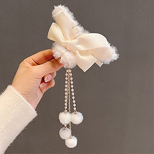Jumwrit Furry Hair Accessories: Big Bow Banana Jaw Clips with Pearl Tassels, Strong Hold Hair Clips for Women and Girls (White) - Image 2