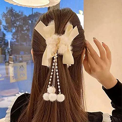 Jumwrit Furry Hair Accessories: Big Bow Banana Jaw Clips with Pearl Tassels, Strong Hold Hair Clips for Women and Girls (White) - Image 1