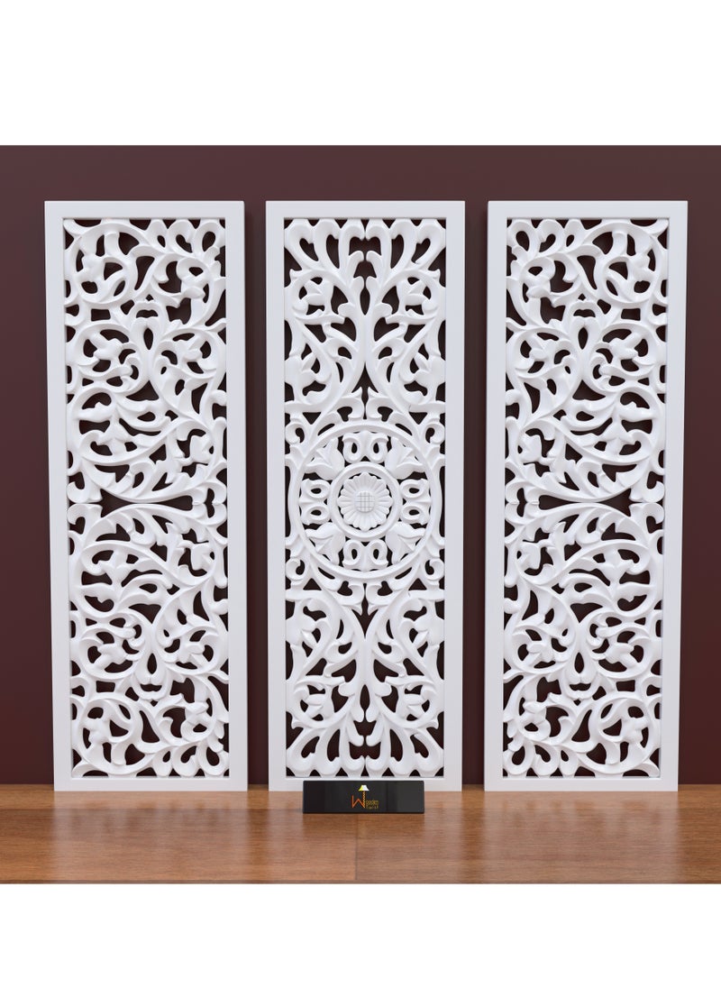 Wooden Twist Premium Wooden Decoration Hand Carved 3 Wall Panel (MDF Wood, White)  - Image 1