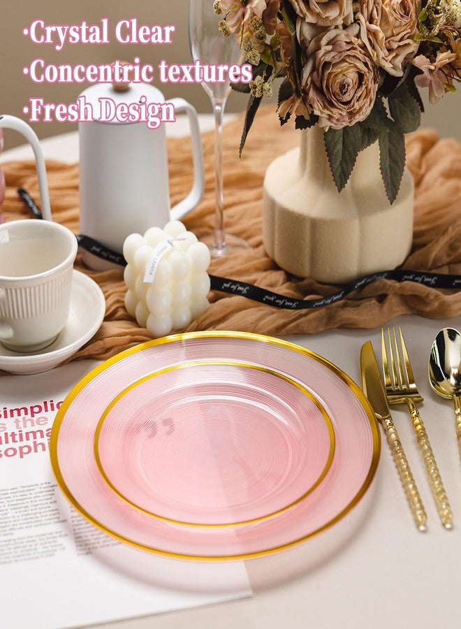 QualQuot 120PCS Pink Plastic Plates with Gold Rim, Heavy Duty Disposable Plate, Fancy and Elegant Circular Ribbed 60 Dinner and Dessert Plates for Party, Weddings - Image 3