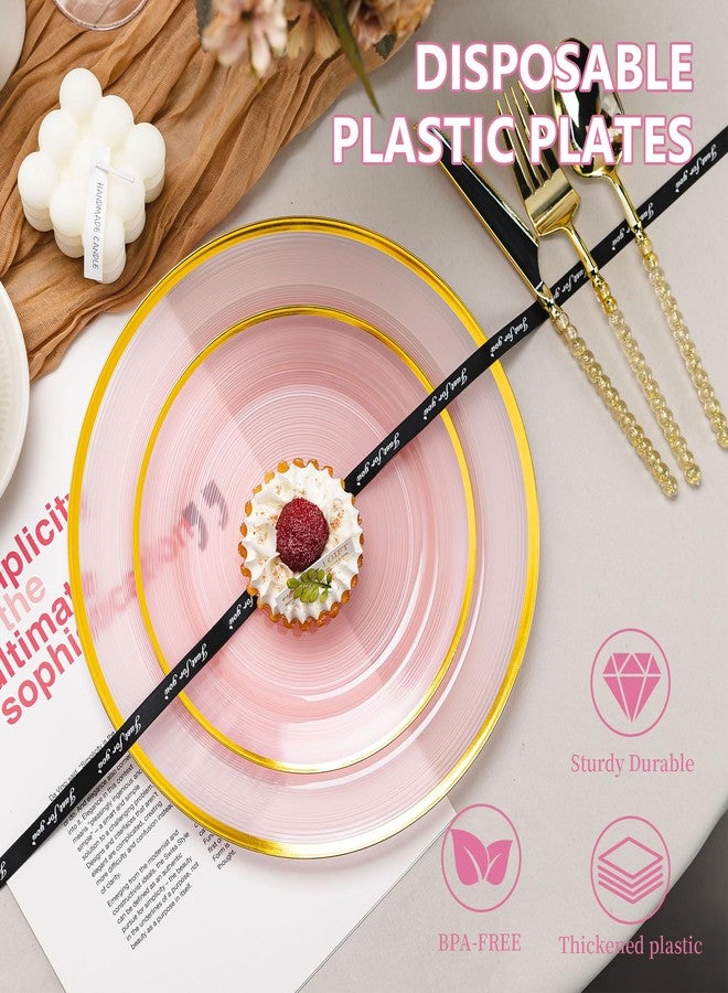QualQuot 120PCS Pink Plastic Plates with Gold Rim, Heavy Duty Disposable Plate, Fancy and Elegant Circular Ribbed 60 Dinner and Dessert Plates for Party, Weddings - Image 5