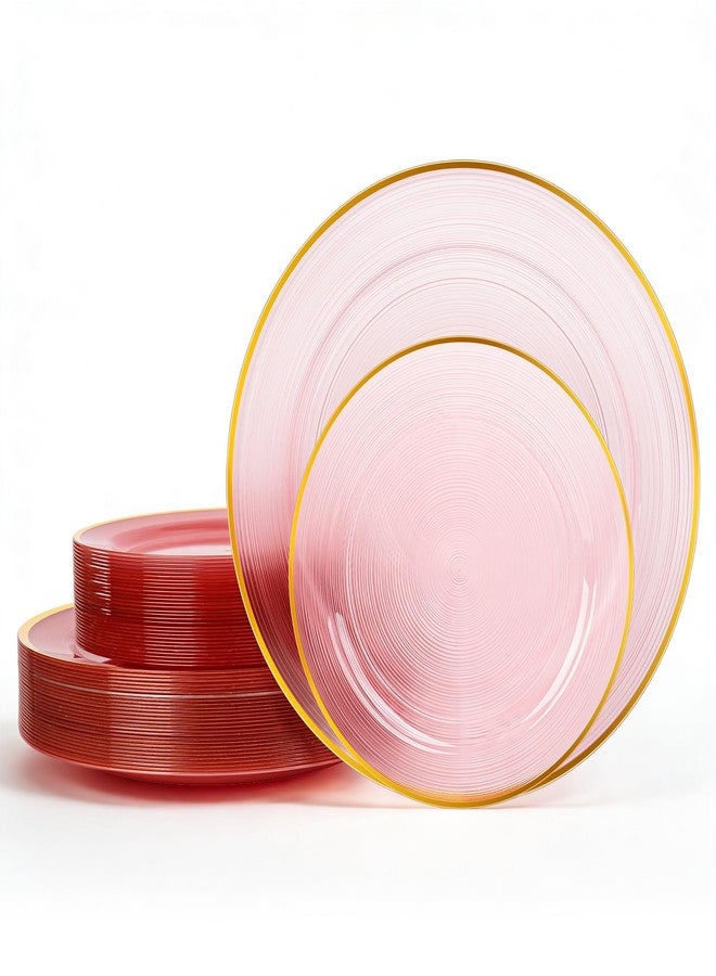 QualQuot 120PCS Pink Plastic Plates with Gold Rim, Heavy Duty Disposable Plate, Fancy and Elegant Circular Ribbed 60 Dinner and Dessert Plates for Party, Weddings - Image 1