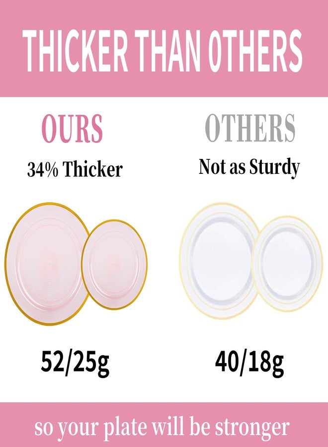 QualQuot 120PCS Pink Plastic Plates with Gold Rim, Heavy Duty Disposable Plate, Fancy and Elegant Circular Ribbed 60 Dinner and Dessert Plates for Party, Weddings - Image 4