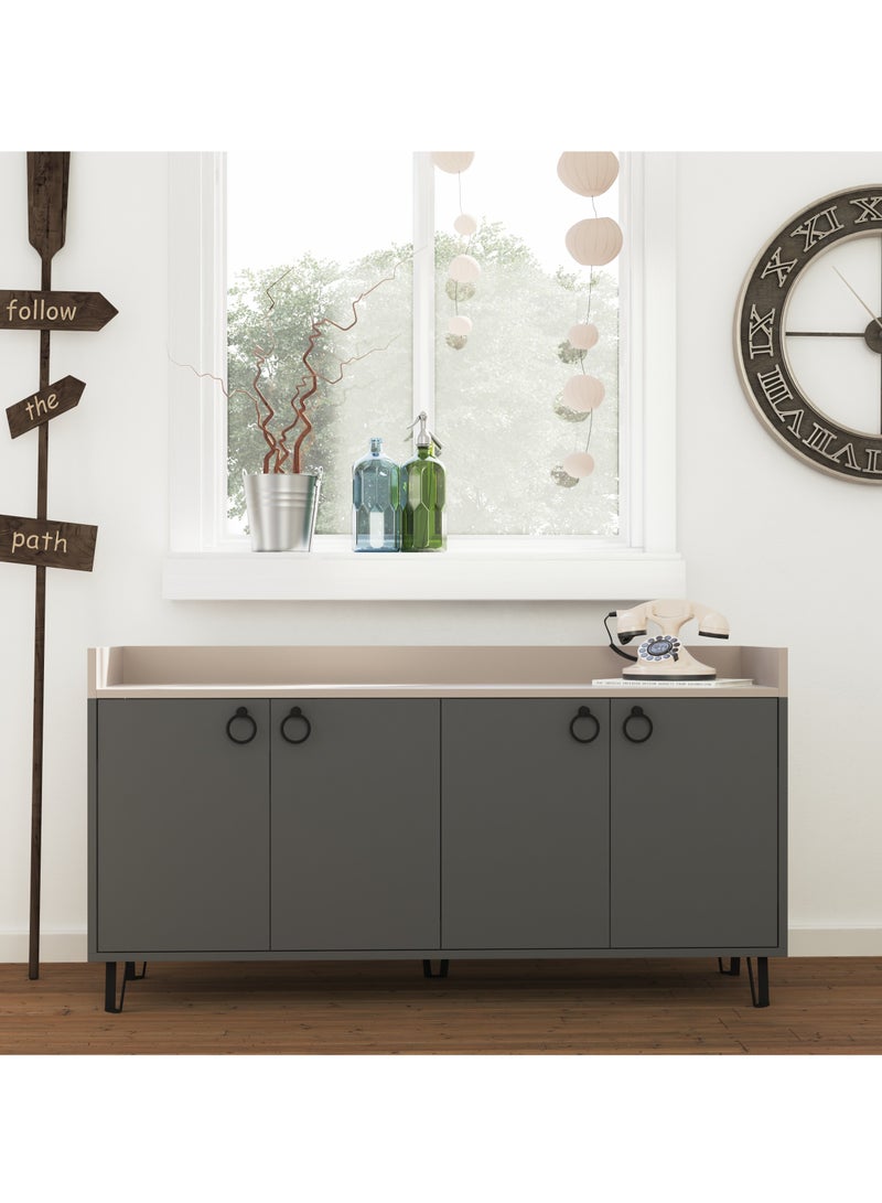 موراه خزانة جانبية عصرية من موراه هوم ديا - بأربعة أبواب وأرجل مرتفعة - خزانة تخزين لغرفة المعيشة، الصالة، غرفة الطعام، المطبخ، الرواق - ٣٦×٨٠×١٤٠ سم (رمادي غامق/موكا فاتح) - Image 1