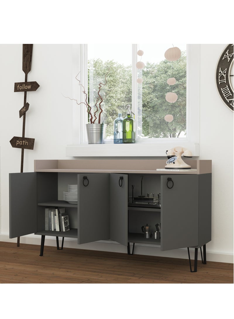 موراه خزانة جانبية عصرية من موراه هوم ديا - بأربعة أبواب وأرجل مرتفعة - خزانة تخزين لغرفة المعيشة، الصالة، غرفة الطعام، المطبخ، الرواق - ٣٦×٨٠×١٤٠ سم (رمادي غامق/موكا فاتح) - Image 3