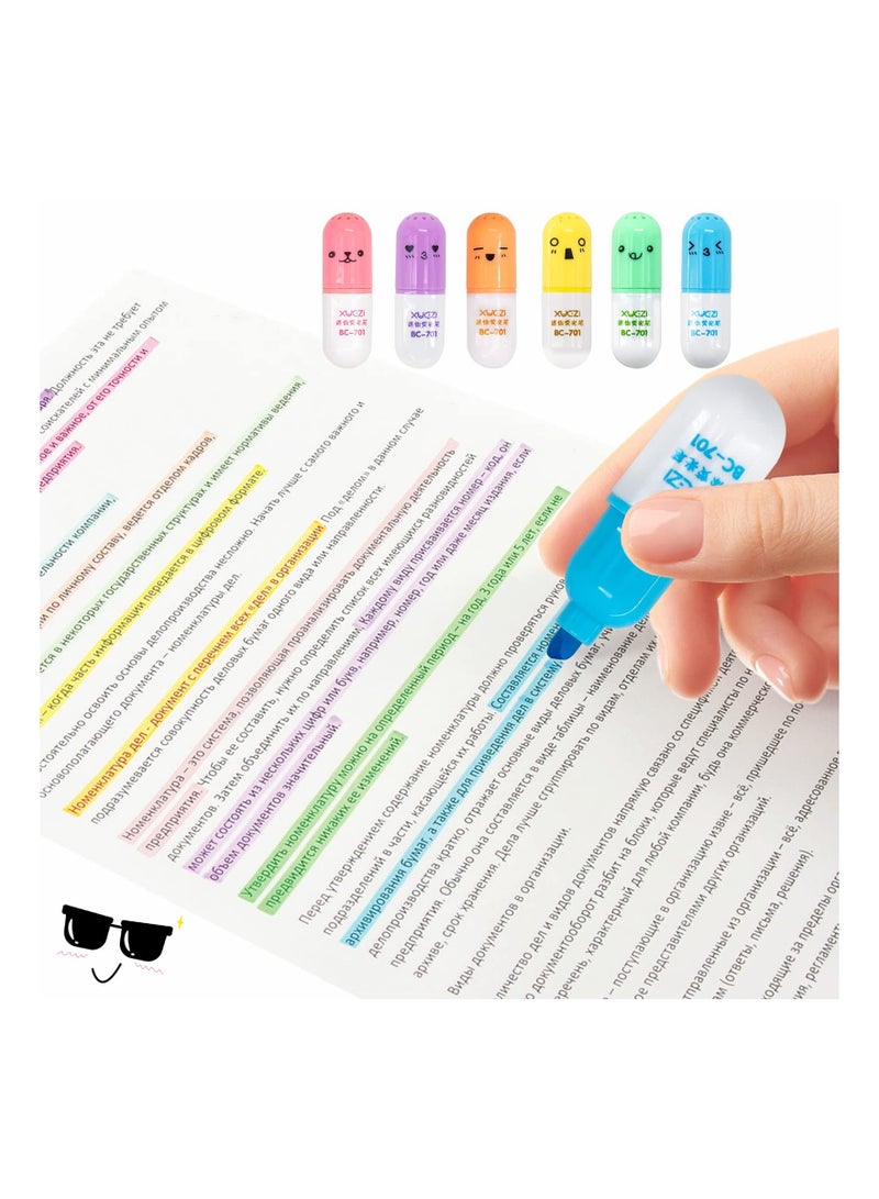 Highlighter Pens, Mini Pill Shaped for Writing Cute Face Graffiti Marker Pen, Stationery Set, School Office Supplies, Kawaii Style, Student (6 PCS)