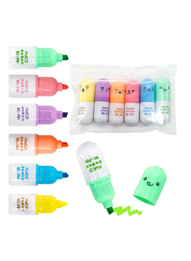 Highlighter Pens, Mini Pill Shaped for Writing Cute Face Graffiti Marker Pen, Stationery Set, School Office Supplies, Kawaii Style, Student (6 PCS)