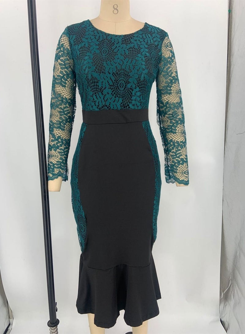 Loquat Lace Dress With High Waist And Long Sleeve Green 