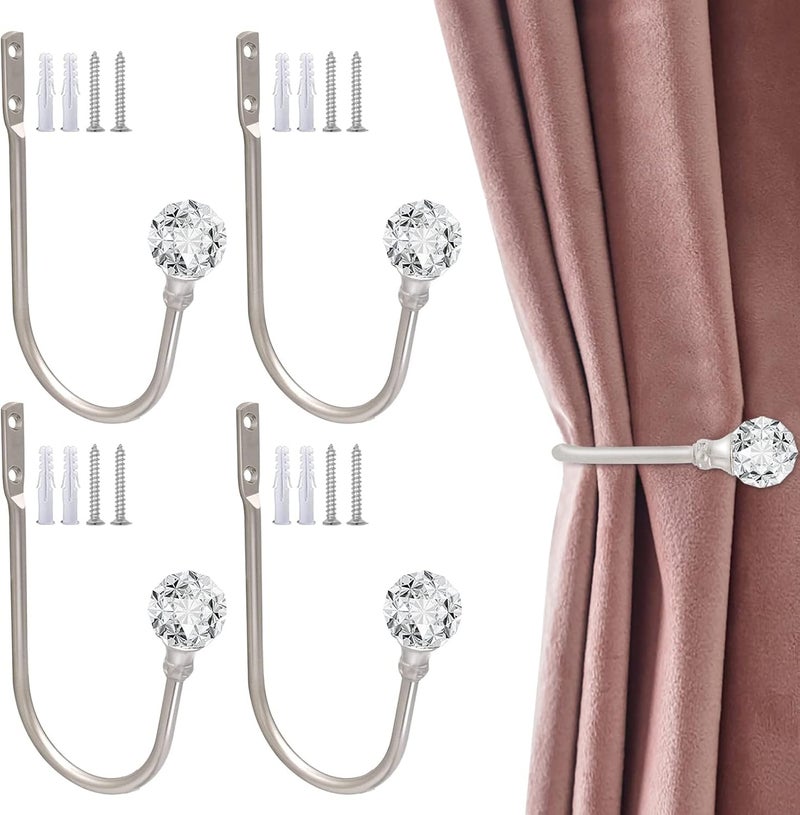 KOLAKO Curtain Holdbacks, Curtain Tieback Hooks Silver Curtain Holdbacks Crystal Curtain Holder for Drapes Wall Mount Drapery Holdback Hooks Decorative Metal Curtain Tiebacks 4 Pack Window Treatment Holdback - Image 1