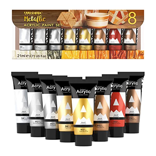 AUREUO Metallic Acrylic Paint Set - 8 Essential Colors 0.71 Fl Oz / 21ml Tubes Gold Silver Art Paints for Crafts Decor Rich Pigments Non-toxic Painting Supplies for Artists - Image 1