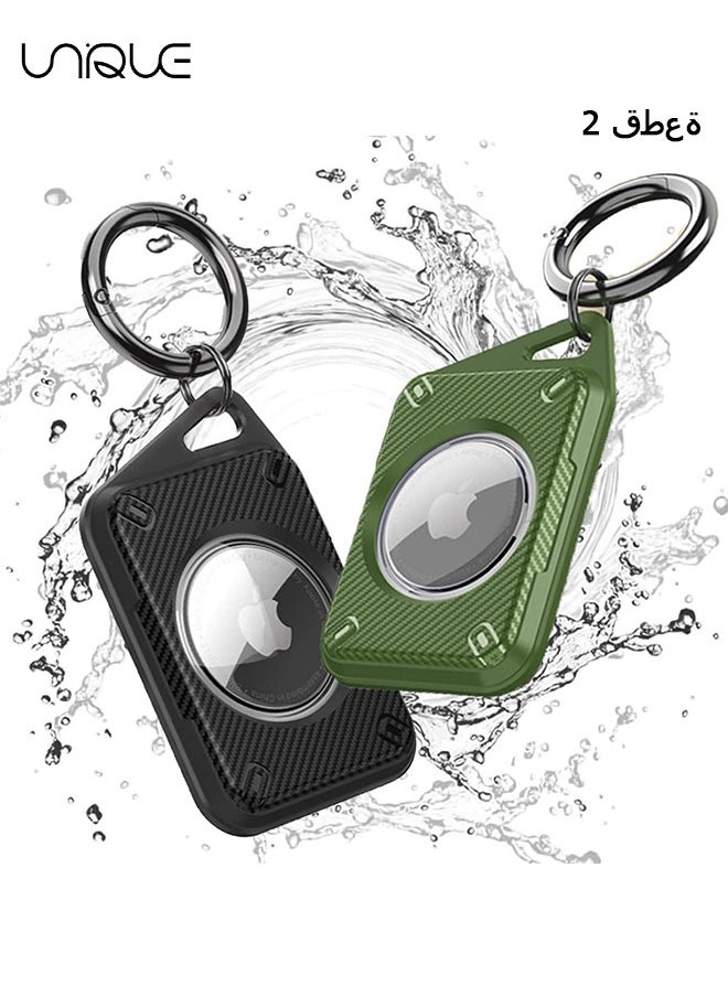Unique 2 Packs AirTag Case - Waterproof and Scratch Resistant AirTag Case - Carbon Fiber Keychain - Black/Green  - Image 1