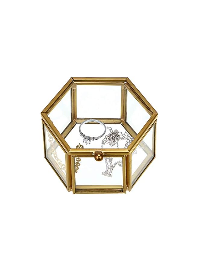 The Bros Vintage Glass Jewelry Box - Golden Hexagonal Jewelry Display Organizer Keepsake Box Home Decorative Box Case for Storage Trinket Ring Earring Chest  - Image 3