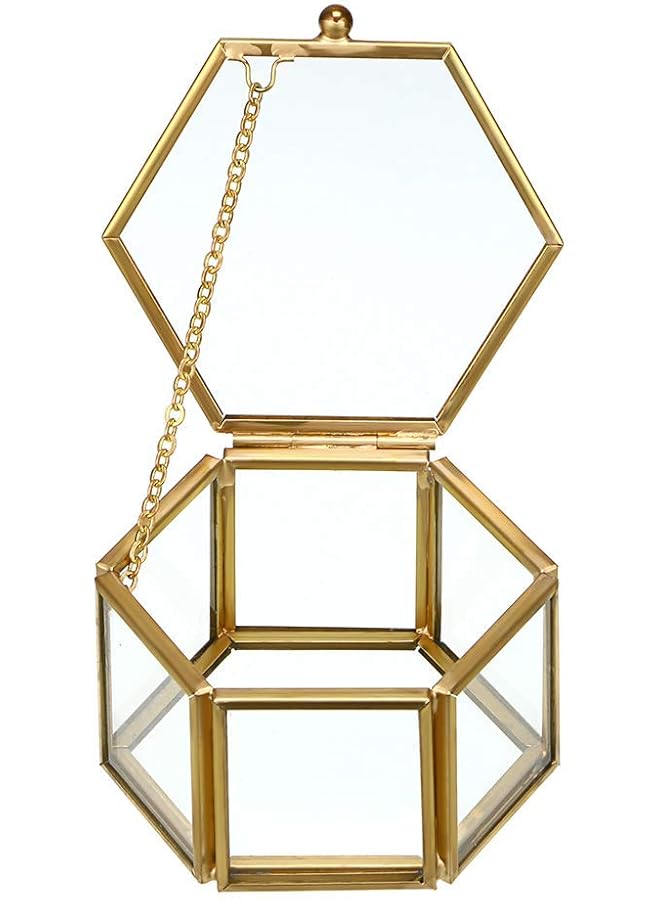 The Bros Vintage Glass Jewelry Box - Golden Hexagonal Jewelry Display Organizer Keepsake Box Home Decorative Box Case for Storage Trinket Ring Earring Chest  - Image 1