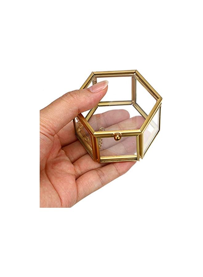 The Bros Vintage Glass Jewelry Box - Golden Hexagonal Jewelry Display Organizer Keepsake Box Home Decorative Box Case for Storage Trinket Ring Earring Chest  - Image 4