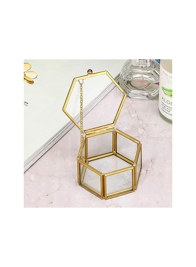 The Bros Vintage Glass Jewelry Box - Golden Hexagonal Jewelry Display Organizer Keepsake Box Home Decorative Box Case for Storage Trinket Ring Earring Chest  - Image 2