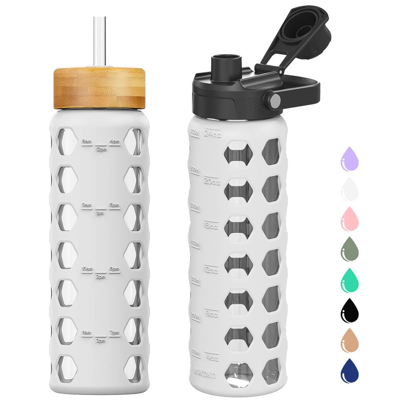 MUKOKO Glass Water Bottles, 24oz Glass Tumbler with Straw, Drinking Bottles with 2 Lids-Handle Spout Lid&Bamboo Straw Lid, Motivational Water Bottle with Time Marker and Silicone Sleeve, 1 Pack-White - Image 1