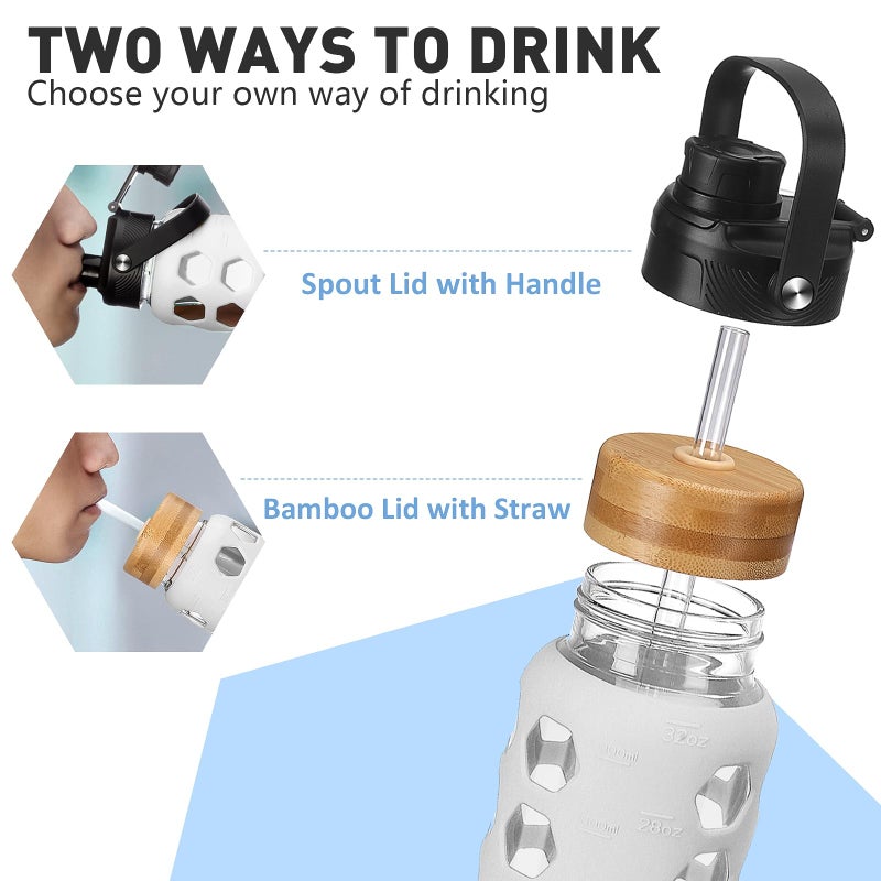 MUKOKO Glass Water Bottles, 24oz Glass Tumbler with Straw, Drinking Bottles with 2 Lids-Handle Spout Lid&Bamboo Straw Lid, Motivational Water Bottle with Time Marker and Silicone Sleeve, 1 Pack-White - Image 2