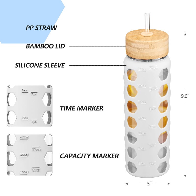 MUKOKO Glass Water Bottles, 24oz Glass Tumbler with Straw, Drinking Bottles with 2 Lids-Handle Spout Lid&Bamboo Straw Lid, Motivational Water Bottle with Time Marker and Silicone Sleeve, 1 Pack-White - Image 3