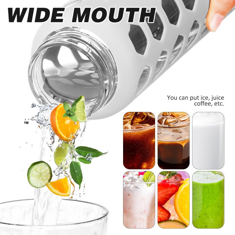 MUKOKO Glass Water Bottles, 24oz Glass Tumbler with Straw, Drinking Bottles with 2 Lids-Handle Spout Lid&Bamboo Straw Lid, Motivational Water Bottle with Time Marker and Silicone Sleeve, 1 Pack-White - Image 5