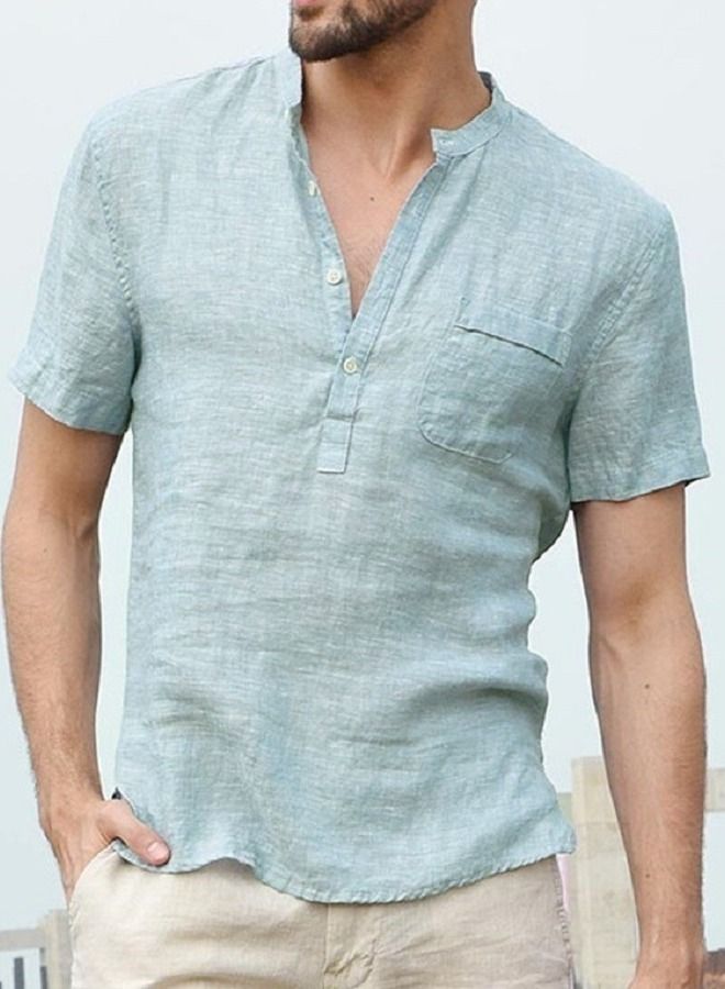 Loquat Men's Cotton Linen Stand Collar Button Down T-Shirt 