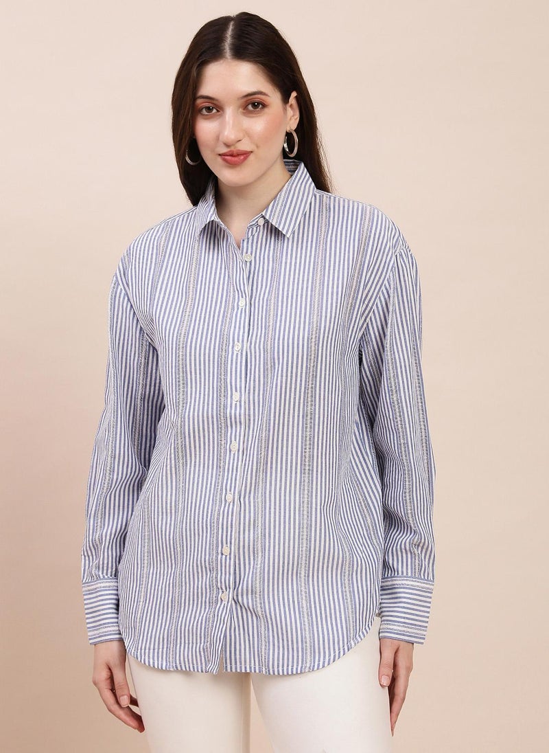 Globus Women Blue Collared Neck Cuffed Sleeves Striped Asymmetric Back Hem Oversized Shirt - Image 4