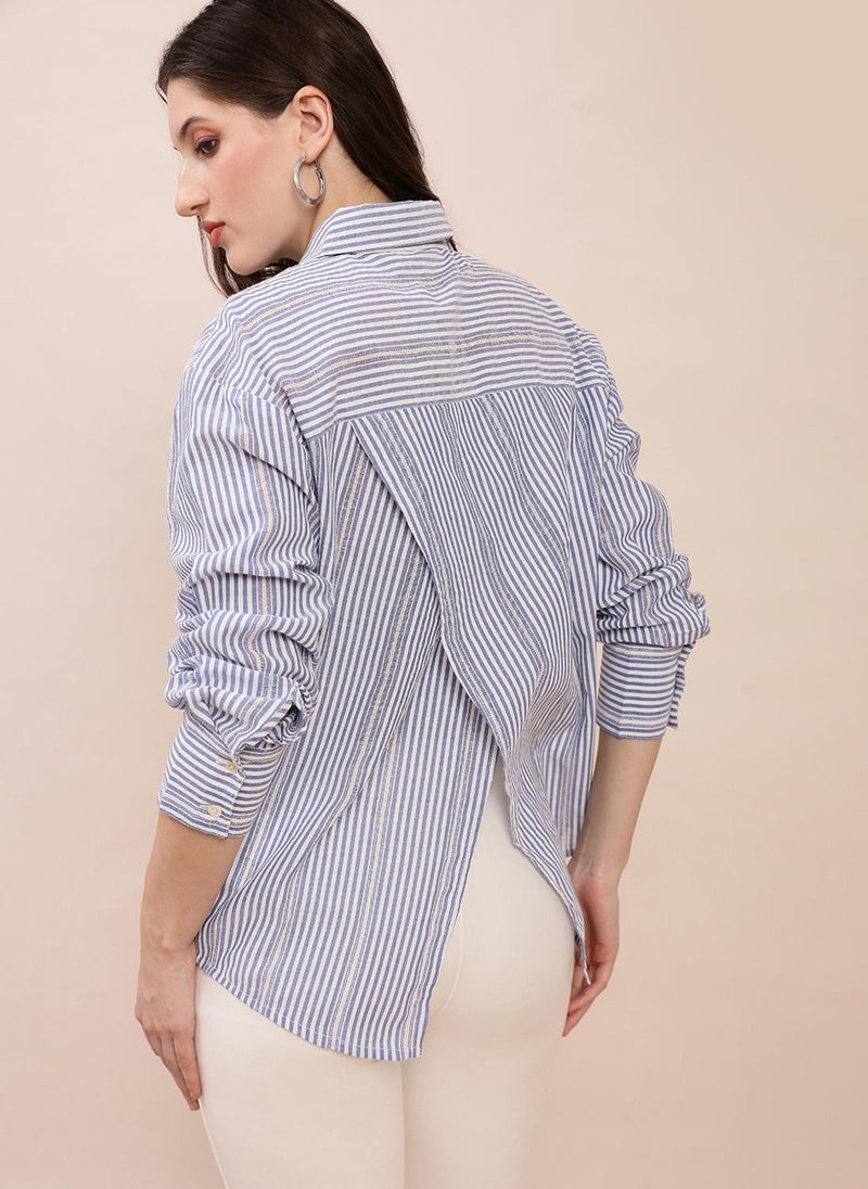 Globus Women Blue Collared Neck Cuffed Sleeves Striped Asymmetric Back Hem Oversized Shirt - Image 3