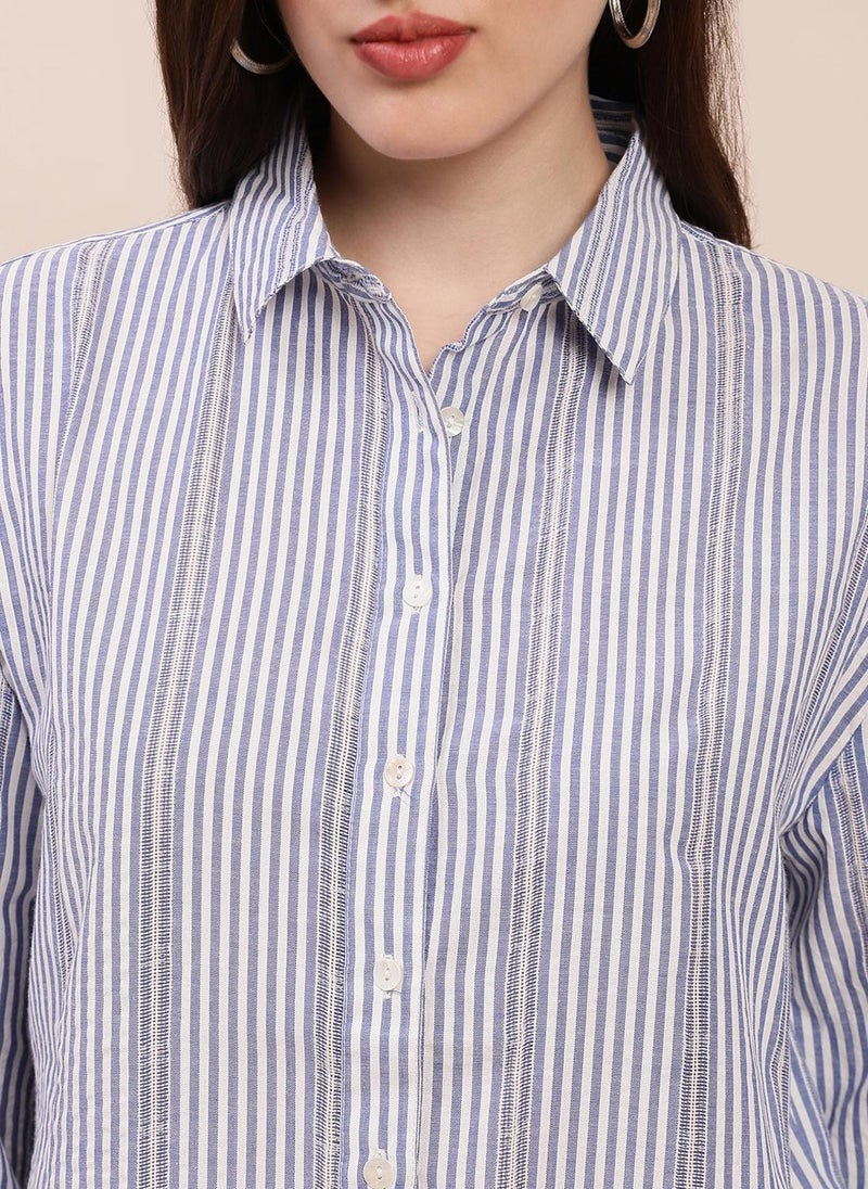 Globus Women Blue Collared Neck Cuffed Sleeves Striped Asymmetric Back Hem Oversized Shirt - Image 5