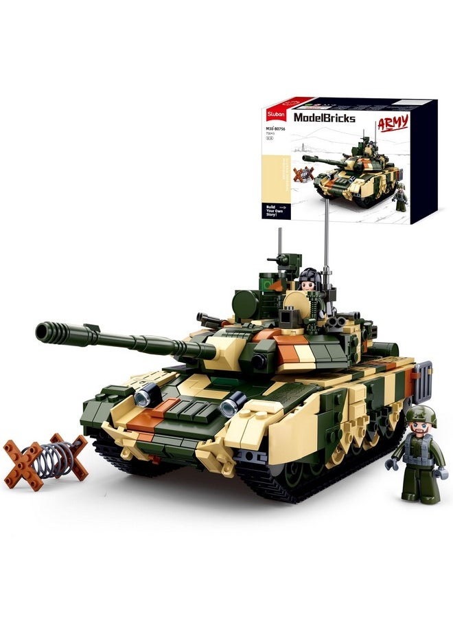 Sluban WW2 Army Tank, Inspired T90MS Main Battle Tank Brick, Army Building Set, Military Model Toy Kits, 2 Soldier Minifigures, Gifts for 6-12 Year Old Kids, Compatible with Lego Army Set, 758 PCS  - Image 1