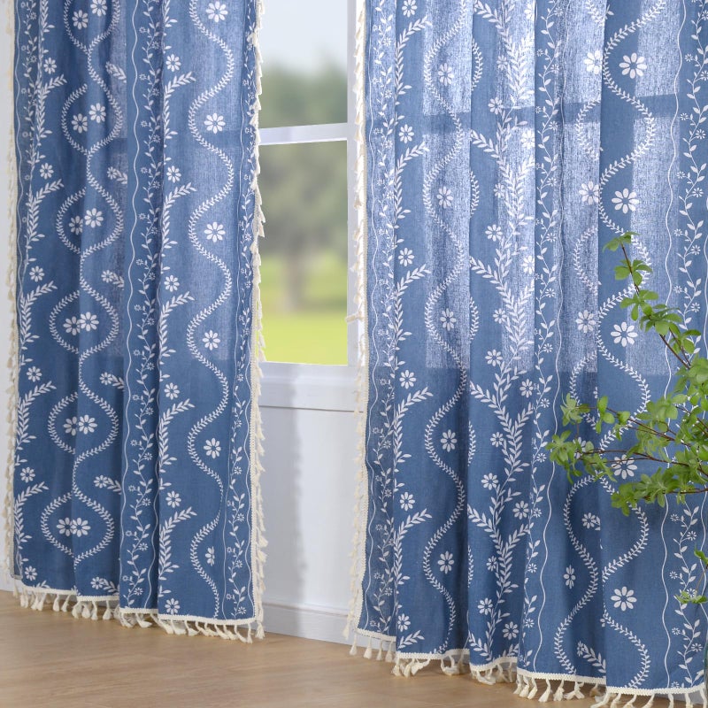 Schweek Blue Boho Curtains for Living Room, Western Rustic Floral Curtains 84 Inches Length, Semi Sheer Navy Blue Vintage Farmhouse Printed Patterned Curtain Drapes - Image 2