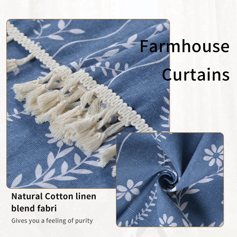 Schweek Blue Boho Curtains for Living Room, Western Rustic Floral Curtains 84 Inches Length, Semi Sheer Navy Blue Vintage Farmhouse Printed Patterned Curtain Drapes - Image 5