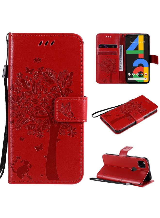 S-TOP Case For Google Pixel 4a 4G Tree & Cat Embossed Pattern Horizontal Flip Leather Case with Holder & Card Slots & Wallet & Lanyard - Image 1