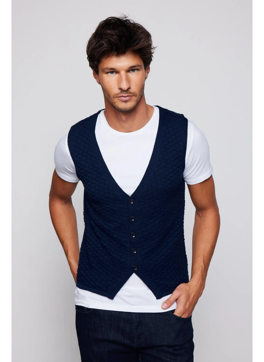 تودورس Slim Fit Patterned Navy Blue Men's Vest