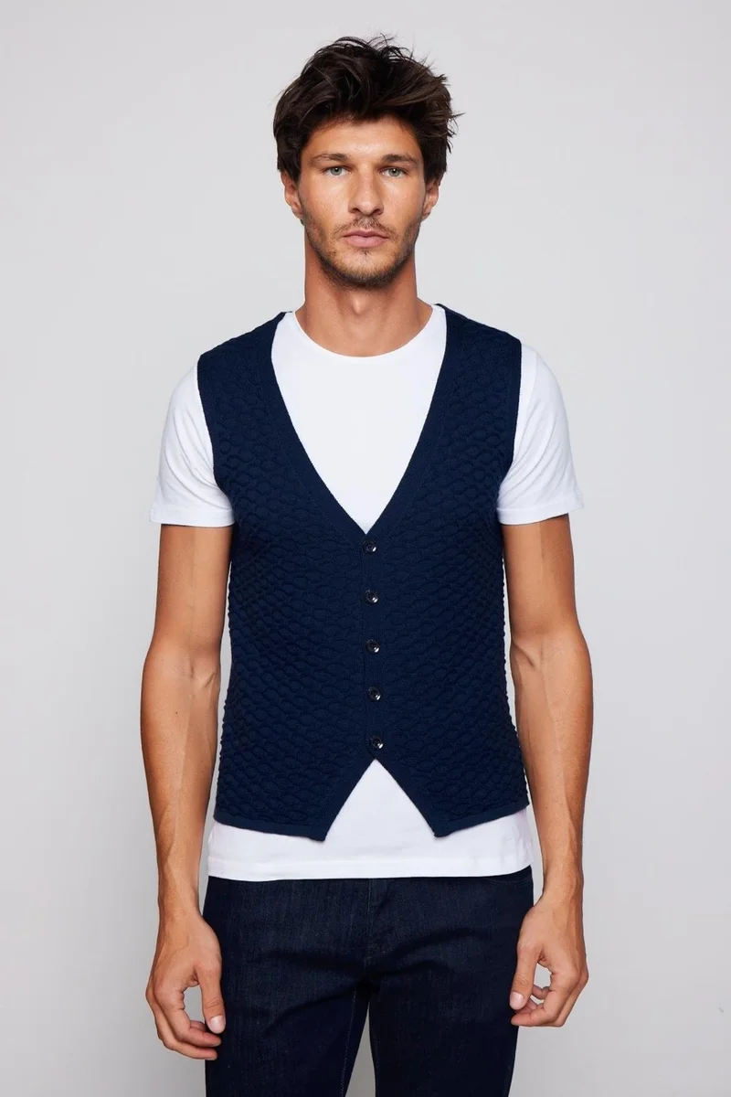Tudors Slim Fit Patterned Navy Blue Men's Vest