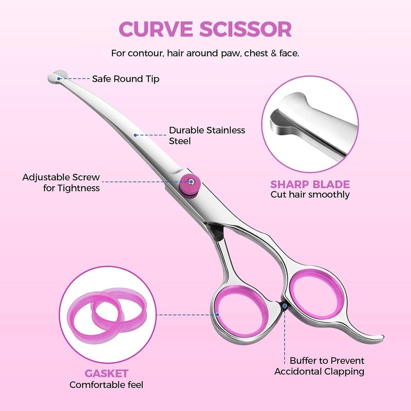 maxshop Dog Grooming Scissors with Safety Round Tips, Heavy Duty Titanium Pet Grooming Trimmer Kit, Professional Thinning Shears, Curved Scissors with Comb for Dogs and Cats (Pink Set of 3) - Image 3