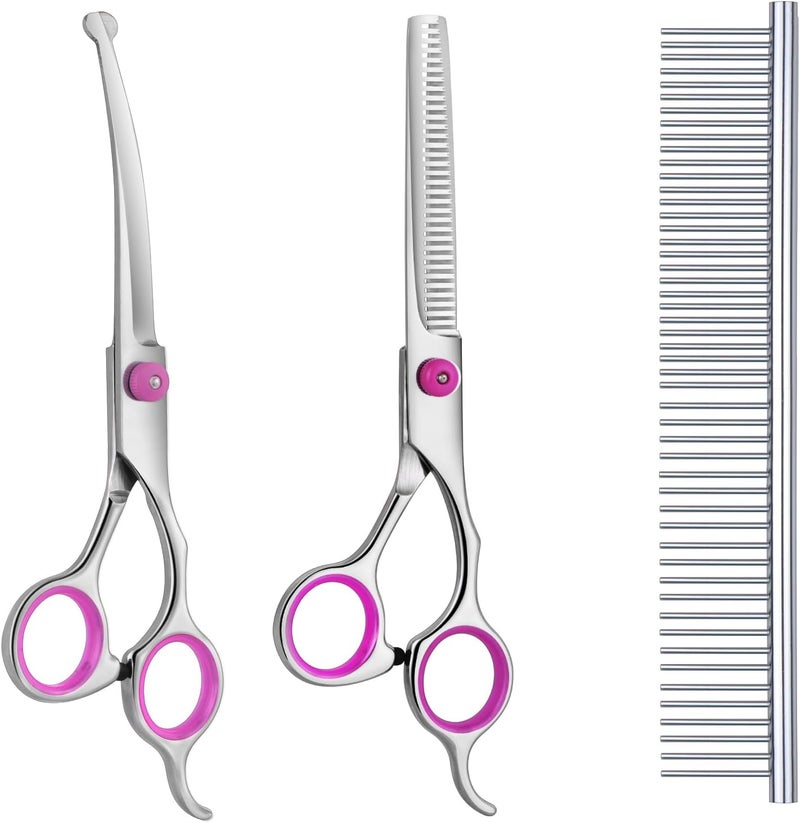 maxshop Dog Grooming Scissors with Safety Round Tips, Heavy Duty Titanium Pet Grooming Trimmer Kit, Professional Thinning Shears, Curved Scissors with Comb for Dogs and Cats (Pink Set of 3) - Image 1