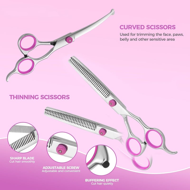 maxshop Dog Grooming Scissors with Safety Round Tips, Heavy Duty Titanium Pet Grooming Trimmer Kit, Professional Thinning Shears, Curved Scissors with Comb for Dogs and Cats (Pink Set of 3) - Image 4