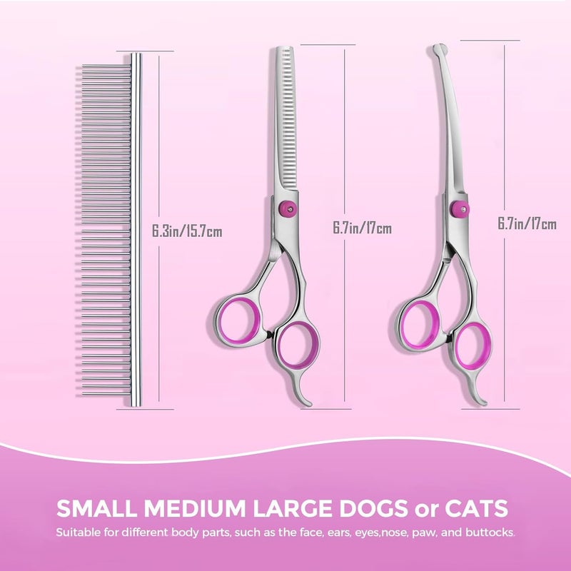 maxshop Dog Grooming Scissors with Safety Round Tips, Heavy Duty Titanium Pet Grooming Trimmer Kit, Professional Thinning Shears, Curved Scissors with Comb for Dogs and Cats (Pink Set of 3) - Image 2