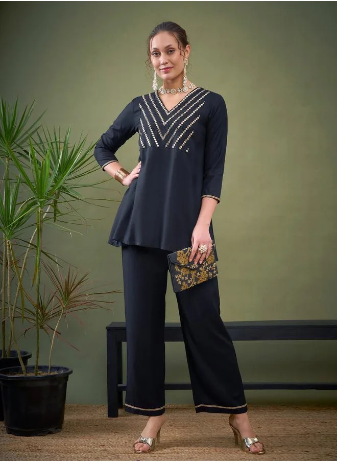 SASSAFRAS Embroidered V Neck A-Line Top & Wide Leg Pants Co-Ord by Styli