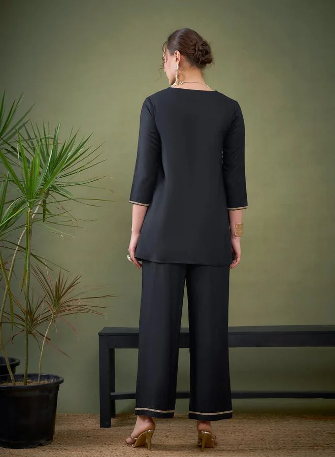 SASSAFRAS Embroidered V Neck A-Line Top & Wide Leg Pants Co-Ord by Styli