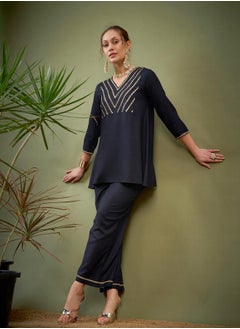 SASSAFRAS Embroidered V Neck A-Line Top & Wide Leg Pants Co-Ord by Styli  - Image 1