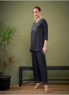 SASSAFRAS Embroidered V Neck A-Line Top & Wide Leg Pants Co-Ord by Styli  - Image 3