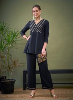 SASSAFRAS Embroidered V Neck A-Line Top & Wide Leg Pants Co-Ord by Styli  - Image 2